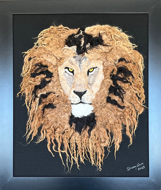 FP4 Felted Lion Portrait (20x24) Fawn/Black | Suri Alpaca Fiber Art