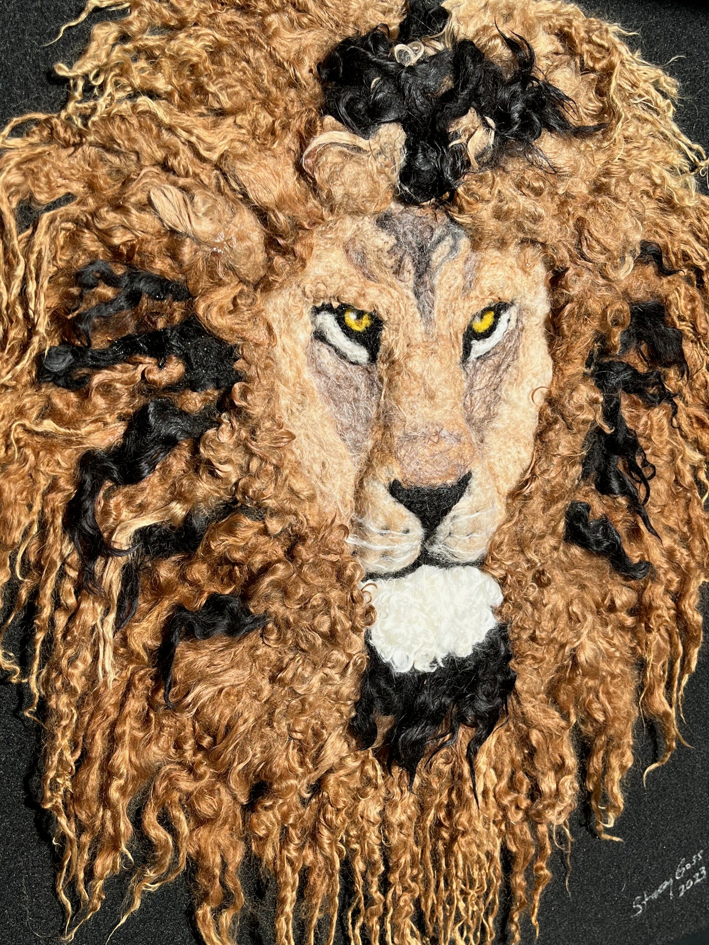 FP4 Felted Lion Portrait (20x24) Fawn/Black | Suri Alpaca Fiber Art