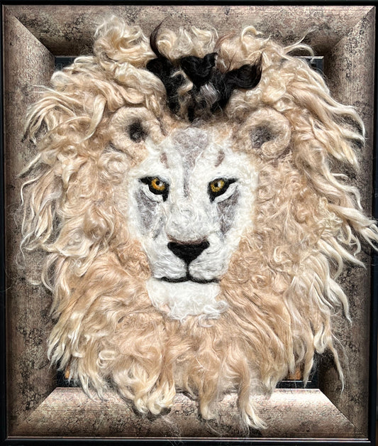 Needle Felted Lion Portrait w/Suri Alpaca Fiber.