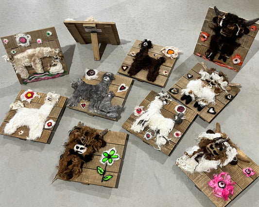 Felted Highland Cow Portraits on 8x8 Wood Slat | Suri Alpaca Fiber