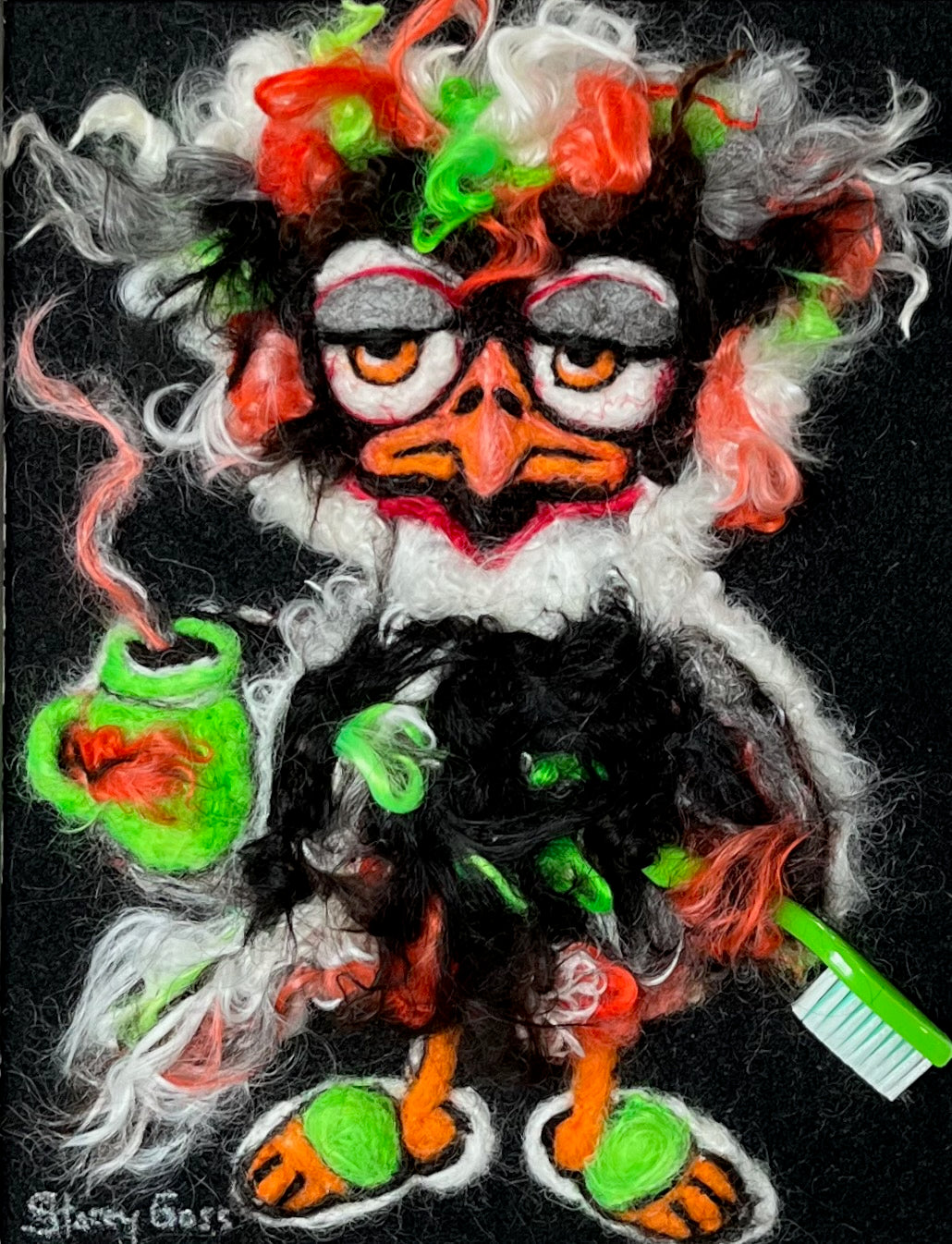 CHR22 Felted Chicken w/Coffee & Toothbrush | Suri Alpaca Fiber Art