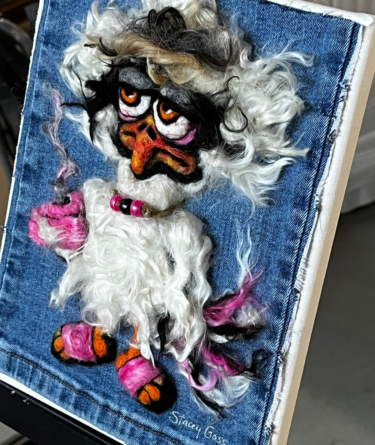 CHR23 Felted Chicken w/Coffee & Necklace PINK | Suri Alpaca Fiber Art