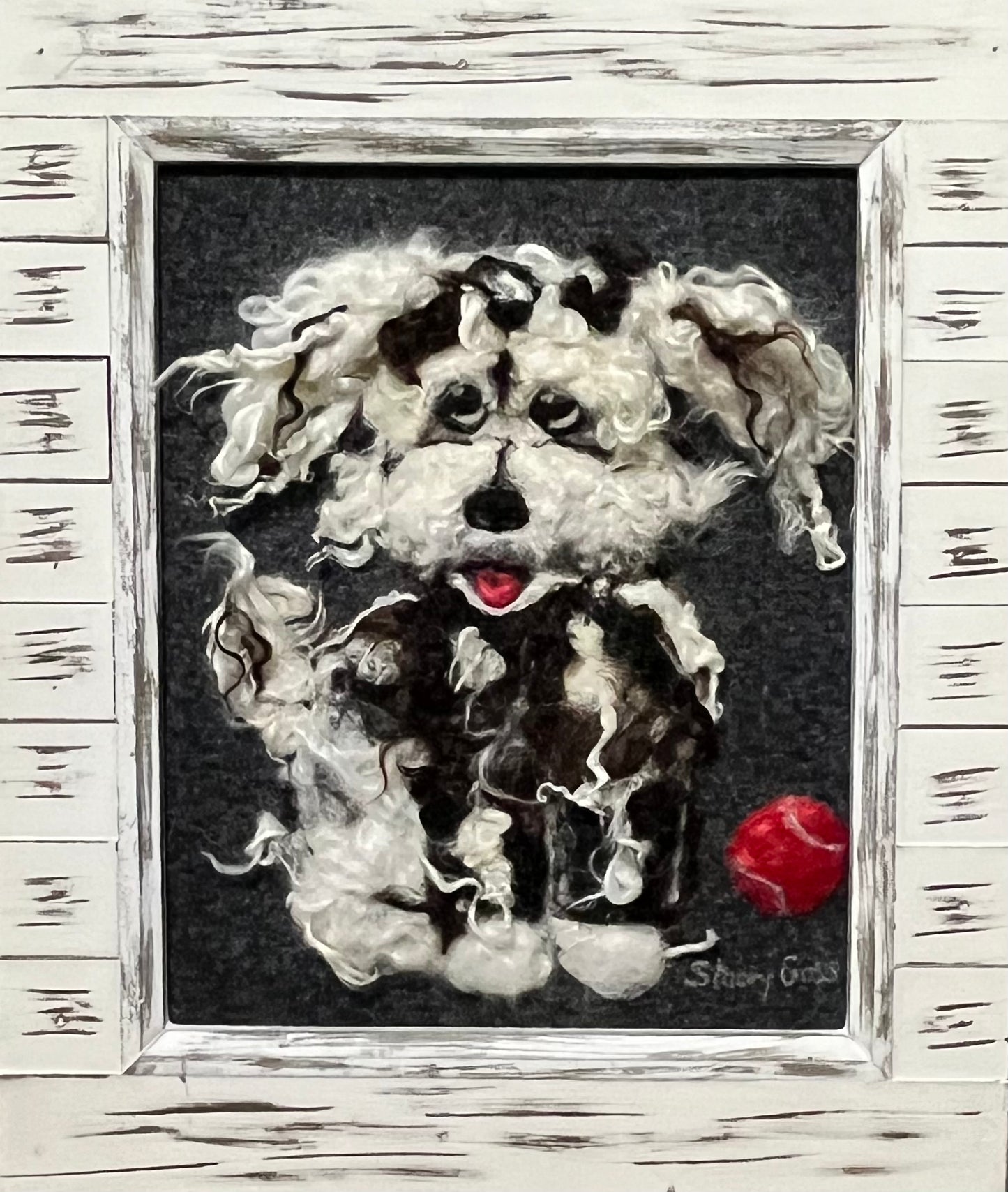 FP124 Felted Dog w/Ball (11x13) White | Suri Alpaca Fiber Art