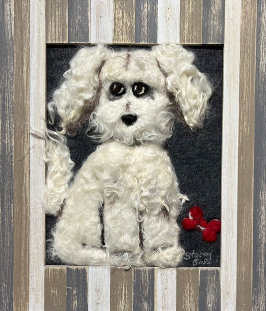 FP125 Felted Dog w/bone Portrait (11x13) White | Suri Alpaca Fiber Art