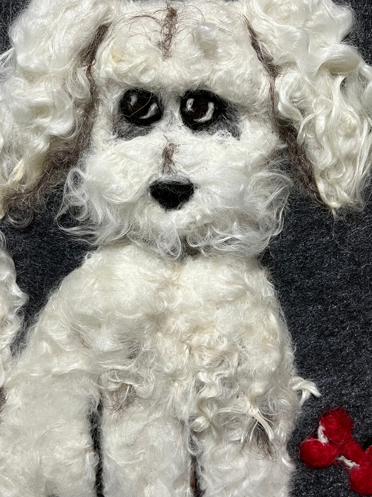 FP125 Felted Dog w/bone Portrait (11x13) White | Suri Alpaca Fiber Art