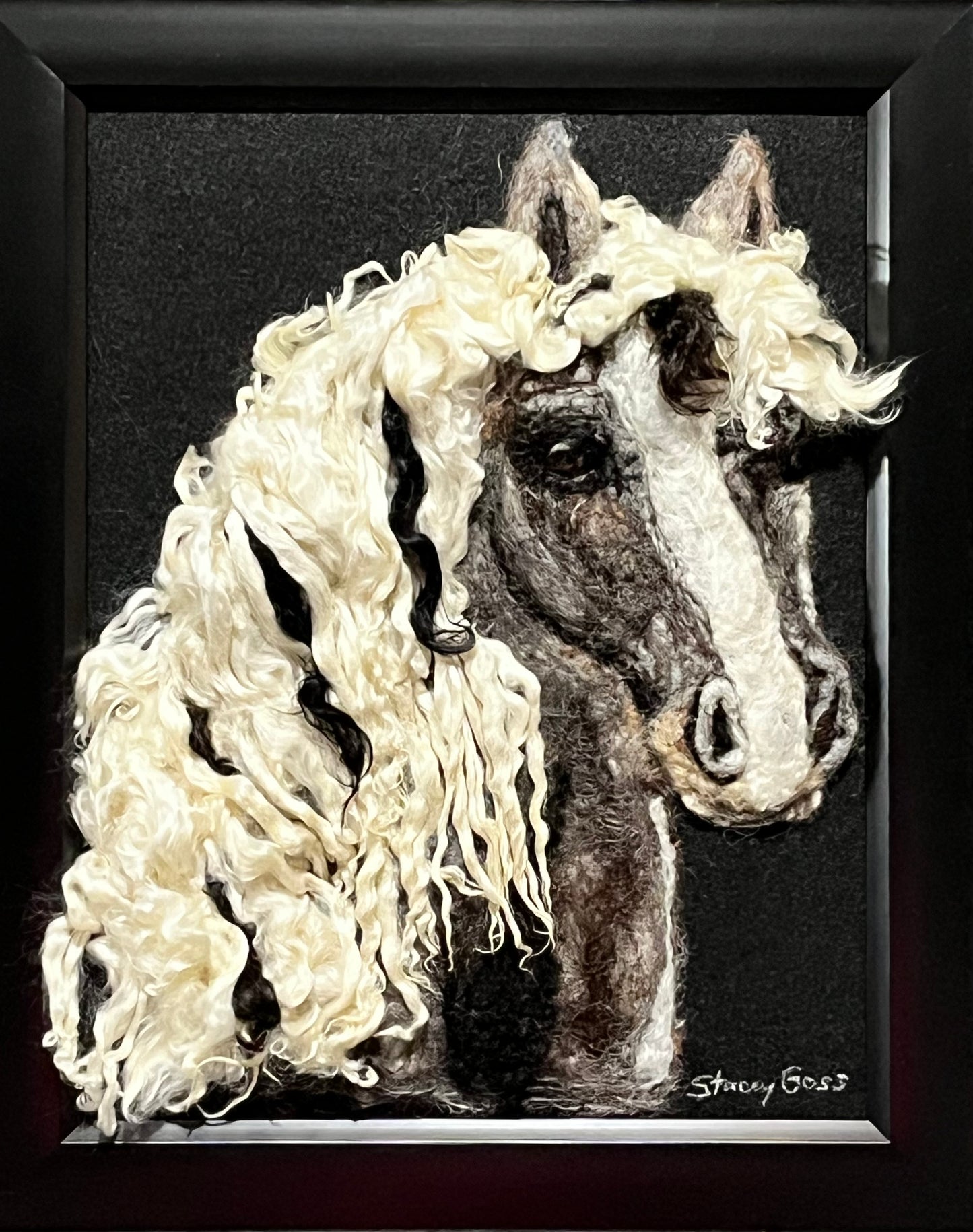 FP183 Felted Horse White Mane (13x16) | Suri Alpaca Fiber Art