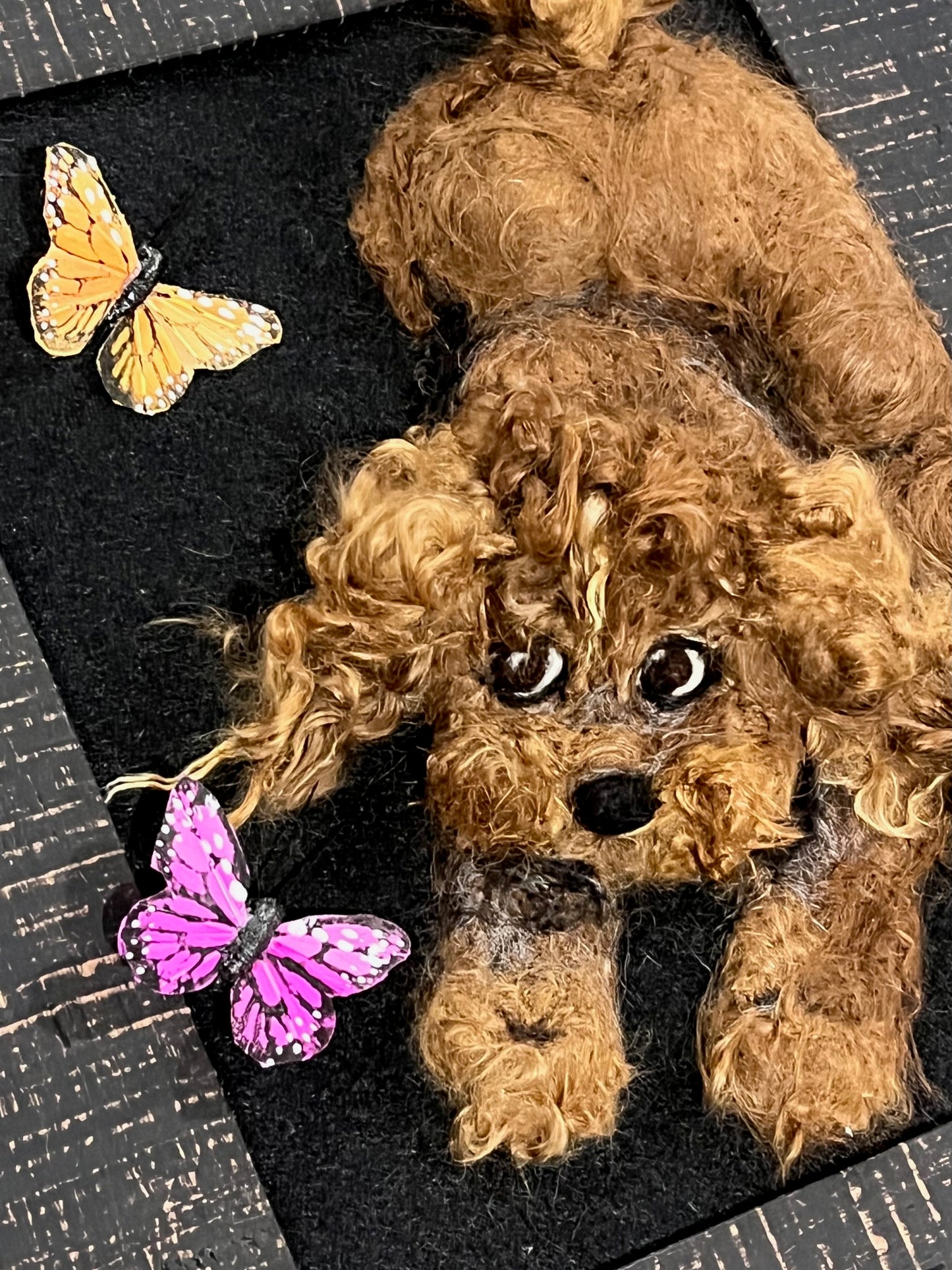 FP121 Felted Dog & Butterflies Portrait (11x13) Fawn | Suri Alpaca Fiber Art