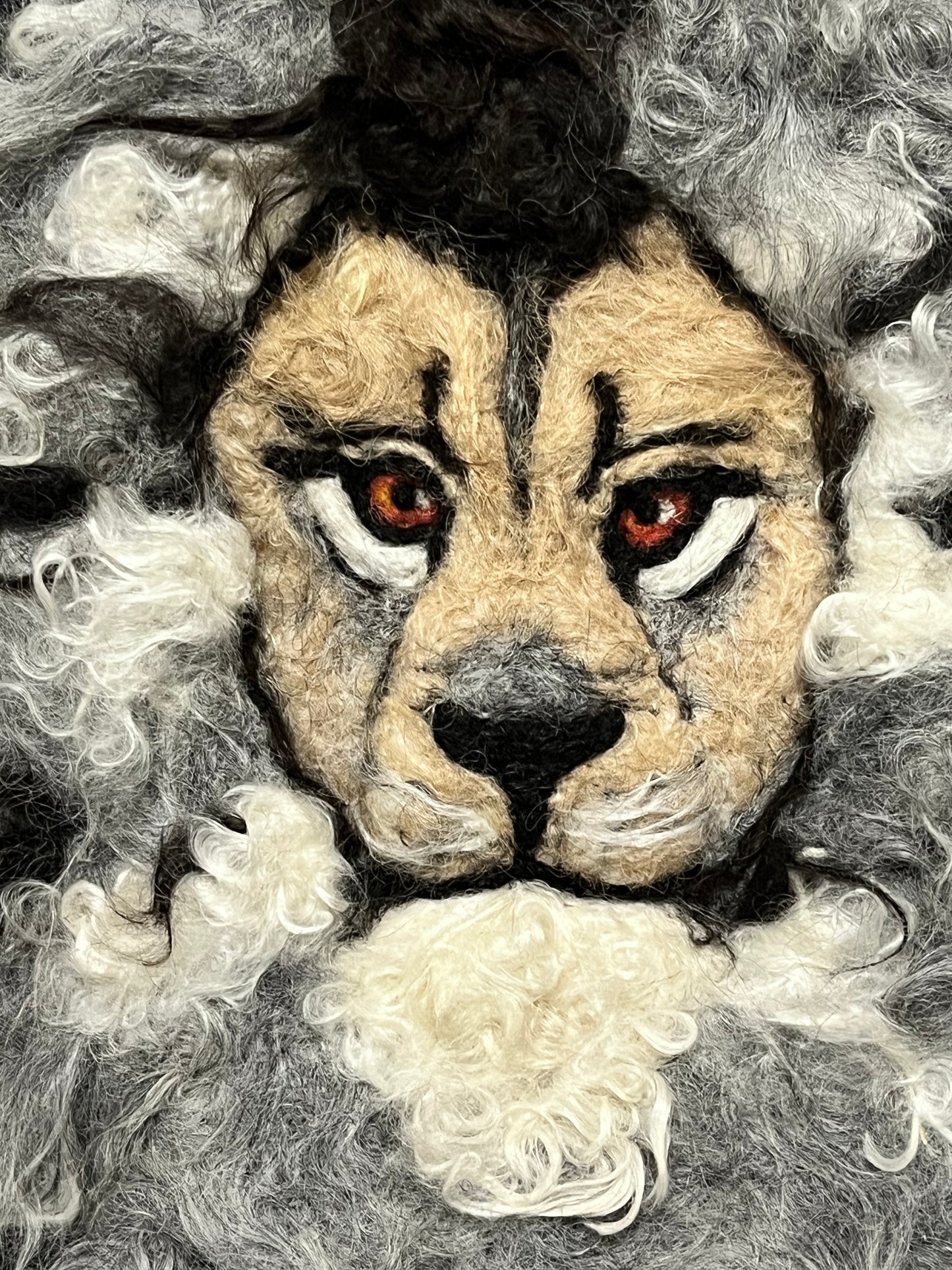 FP21 Felted Lion Portrait (8x10) Grey w/Black | Suri Alpaca Fiber Art