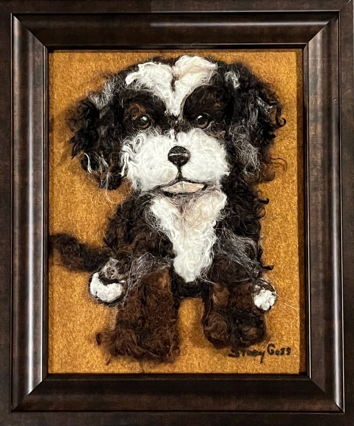 FP308 Felted Puppy Dog (10.5x12.75) Brown White | Suri Alpaca Fiber Art