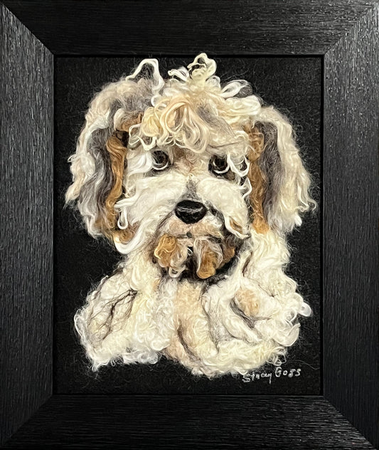 FP309 Felted Dog Portrait (10.75x12.75) White Multi | Suri Alpaca Fiber Art