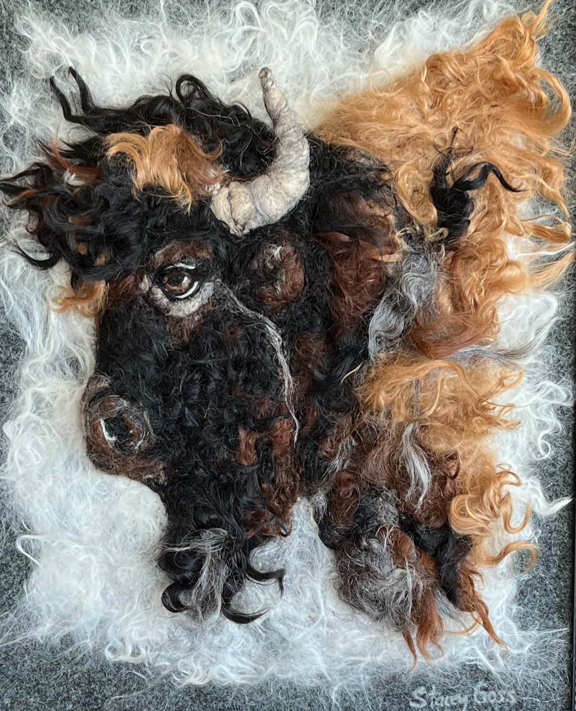 FP405 Felted Buffalo w/White (14.5x17.5) | Suri Alpaca Fiber Art