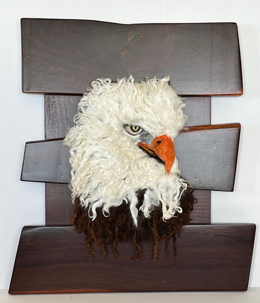 FP46 Felted Eagle Portrait on Stained Wood (22.5x25") | Suri Alpaca Fiber Art