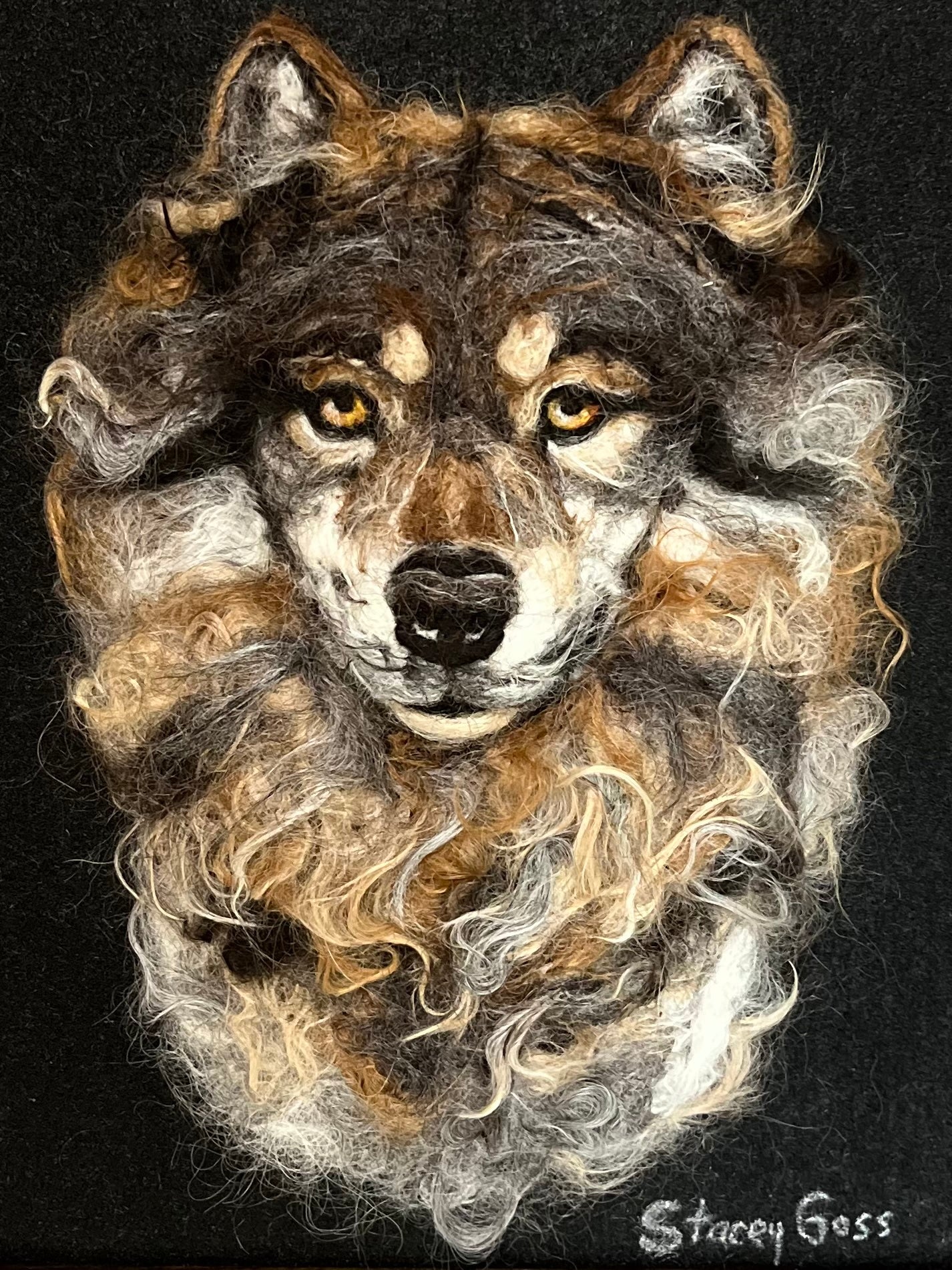FP500 Felted Gray Wolf Portrait (12x15) | Suri Alpaca Fiber Art