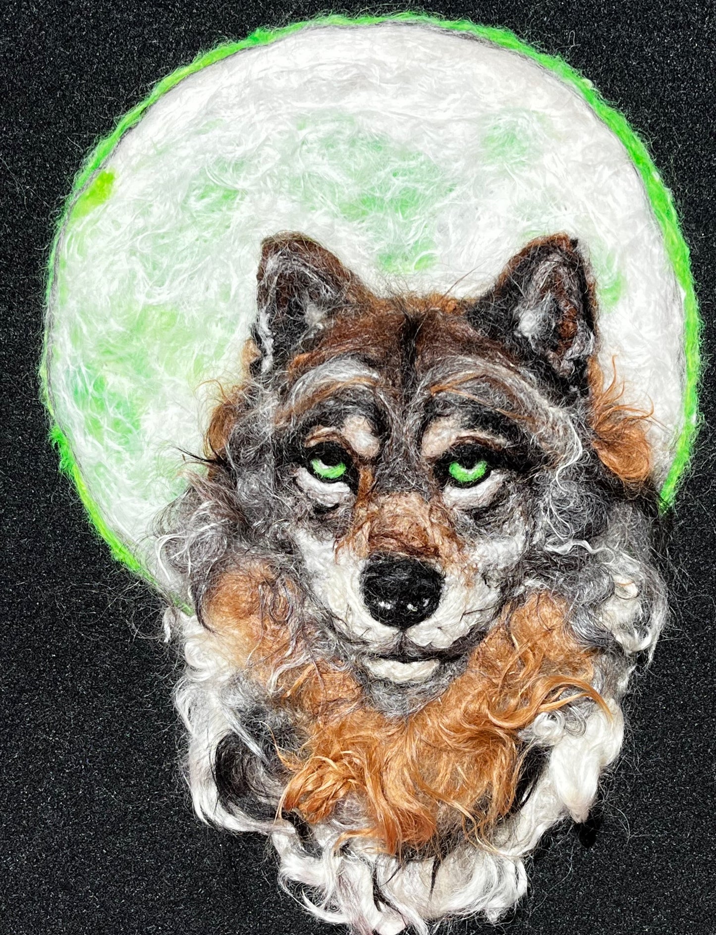 FP501 Felted Wolf w/Moon (14 x 18.75) | Suri Alpaca Fiber Art