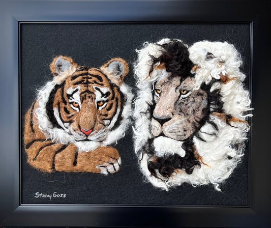 FP51 Felted Lion-Tiger Portrait (23x19) | Suri Alpaca Fiber Art