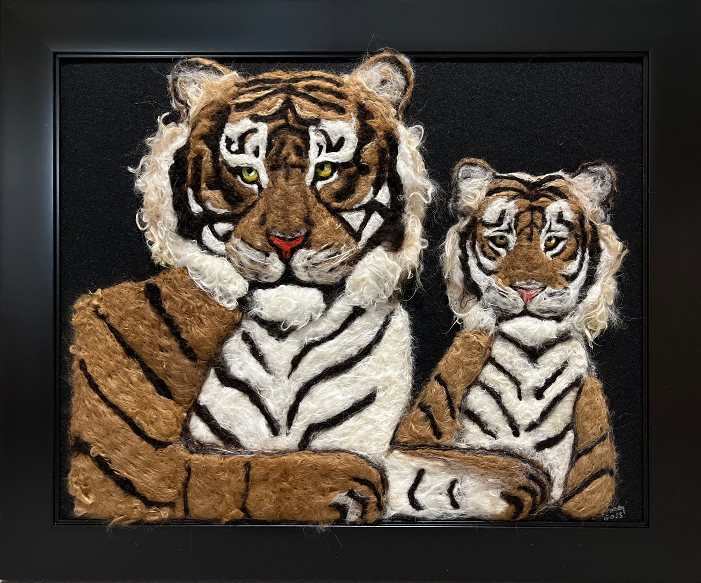FP52 Felted Tiger with Baby Portrait (23x19) | Suri Alpaca Fiber Art