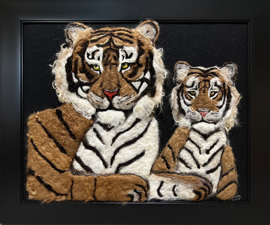 FP52 Felted Tiger with Baby Portrait (23x19) | Suri Alpaca Fiber Art