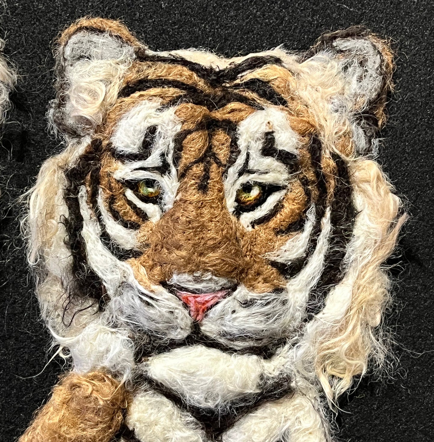 FP52 Felted Tiger with Baby Portrait (23x19) | Suri Alpaca Fiber Art