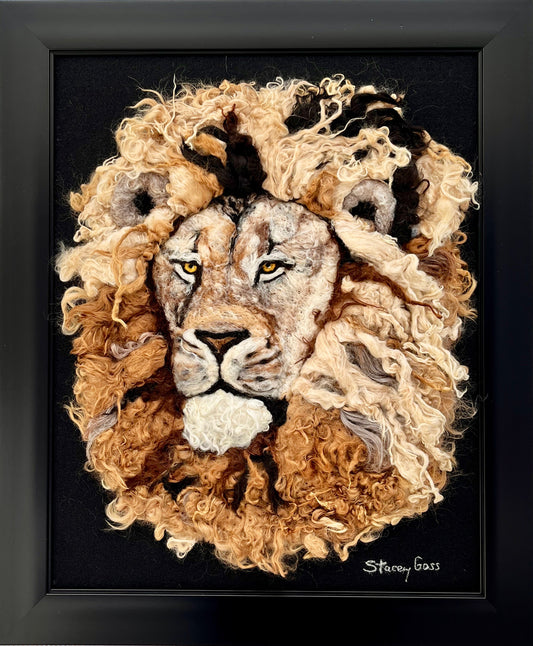 FP61 Felted Lion Portrait (16x20) Fawn Multi Side | Suri Alpaca Fiber Art