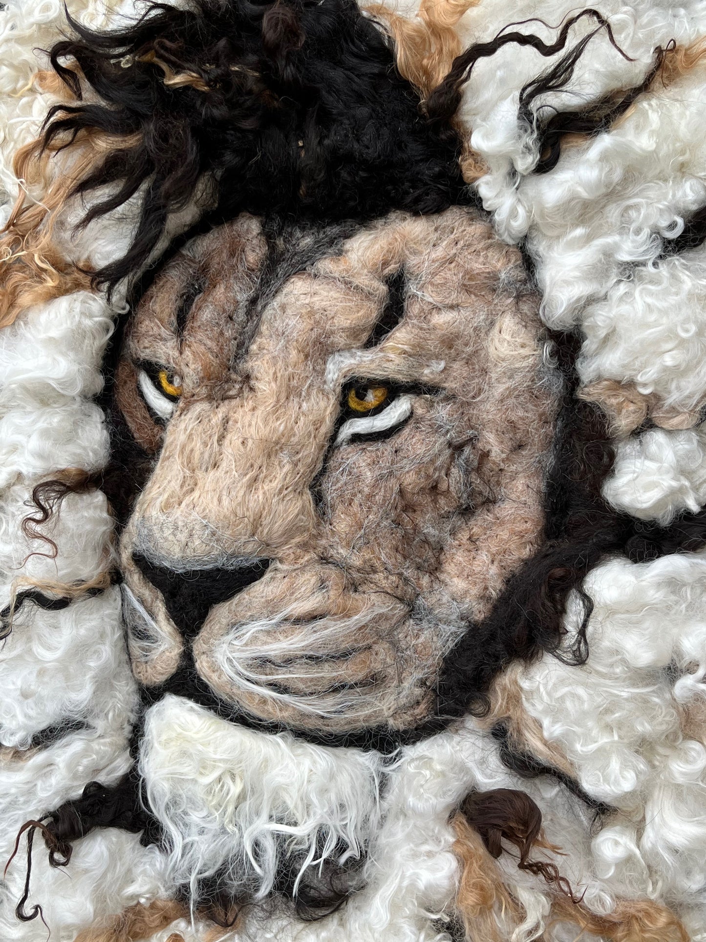 FP62 Felted Lion Portrait (19x23) White | Suri Alpaca Fiber Art