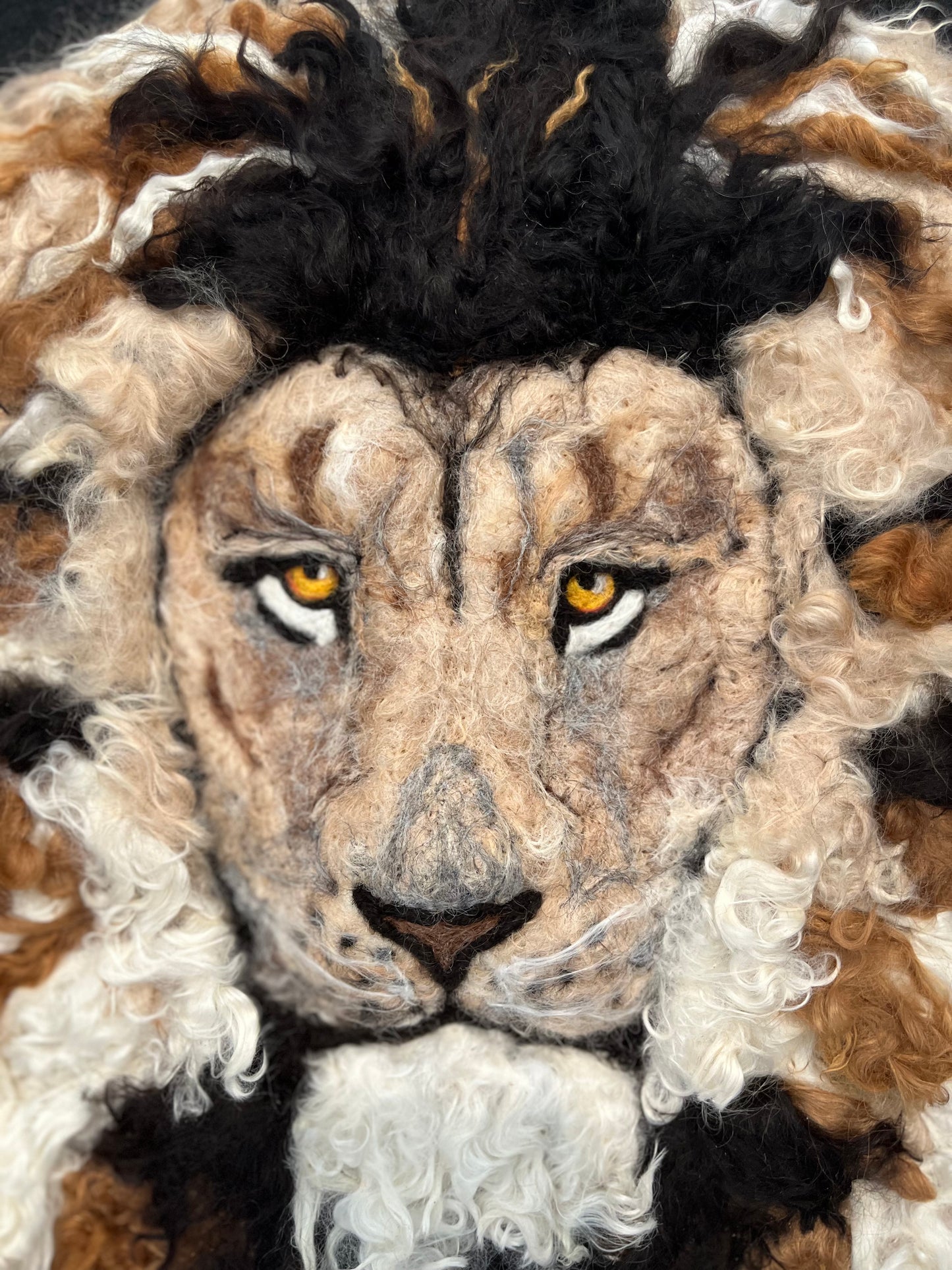 FP67 Felted Lion Portrait (19x23) White Multi | Suri Alpaca Fiber Art