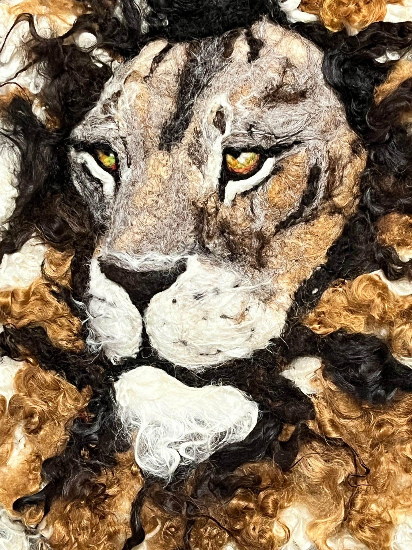FP89 Felted Lion Portrait (13x16) Fawn-Black Side | Suri Alpaca Fiber Art