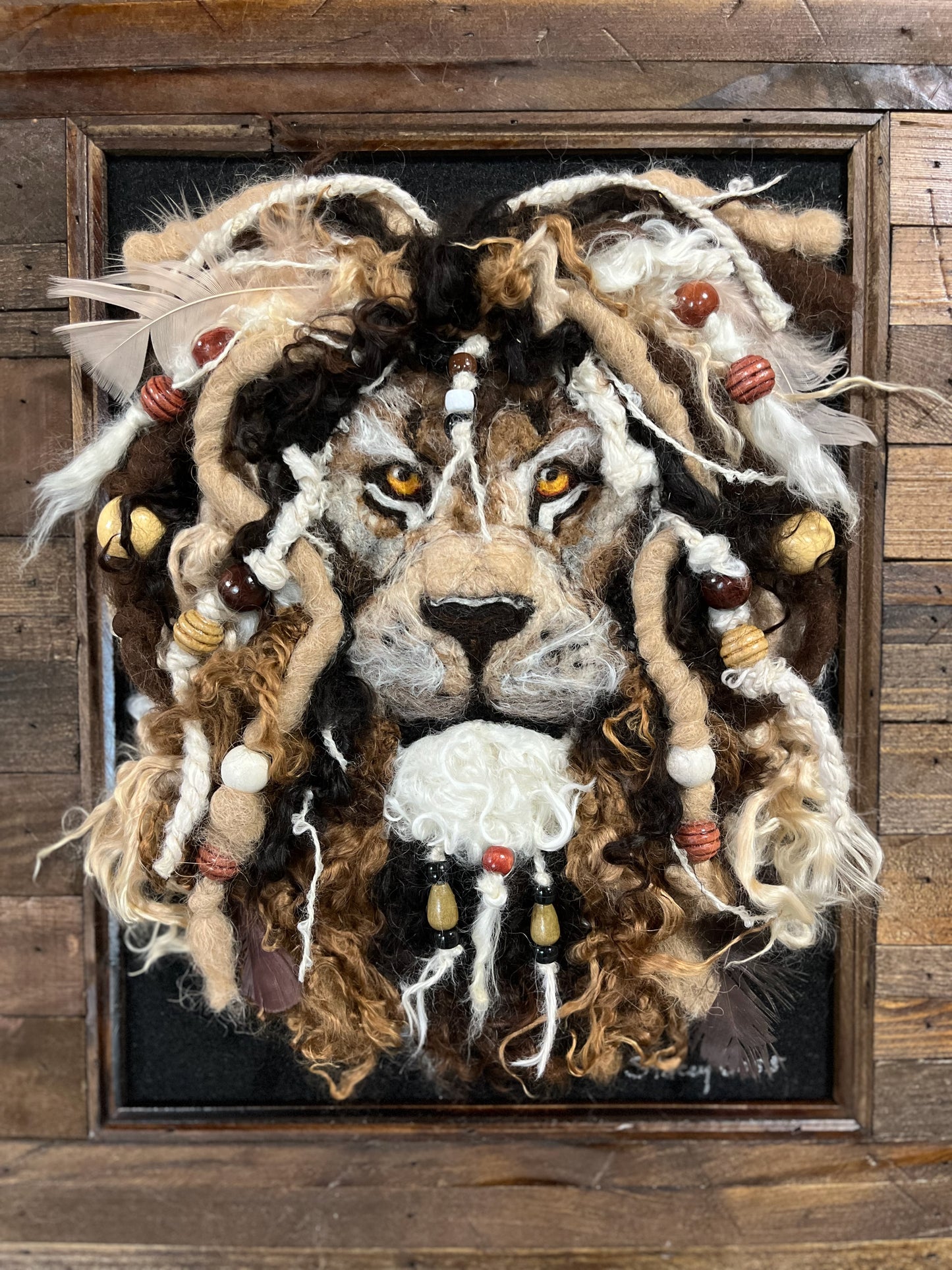 FP90 Felted Lion Portrait w/Beads (11x14) | Suri Alpaca Fiber Art