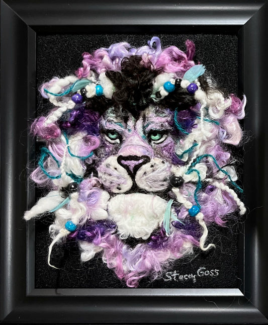 FP93 Felted Lion Portrait w/Beads (11x14) | Suri Alpaca Fiber Art