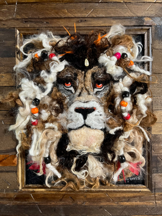 FP94 Felted Lion Portrait w/Beads Red (12x15) | Suri Alpaca Fiber Art