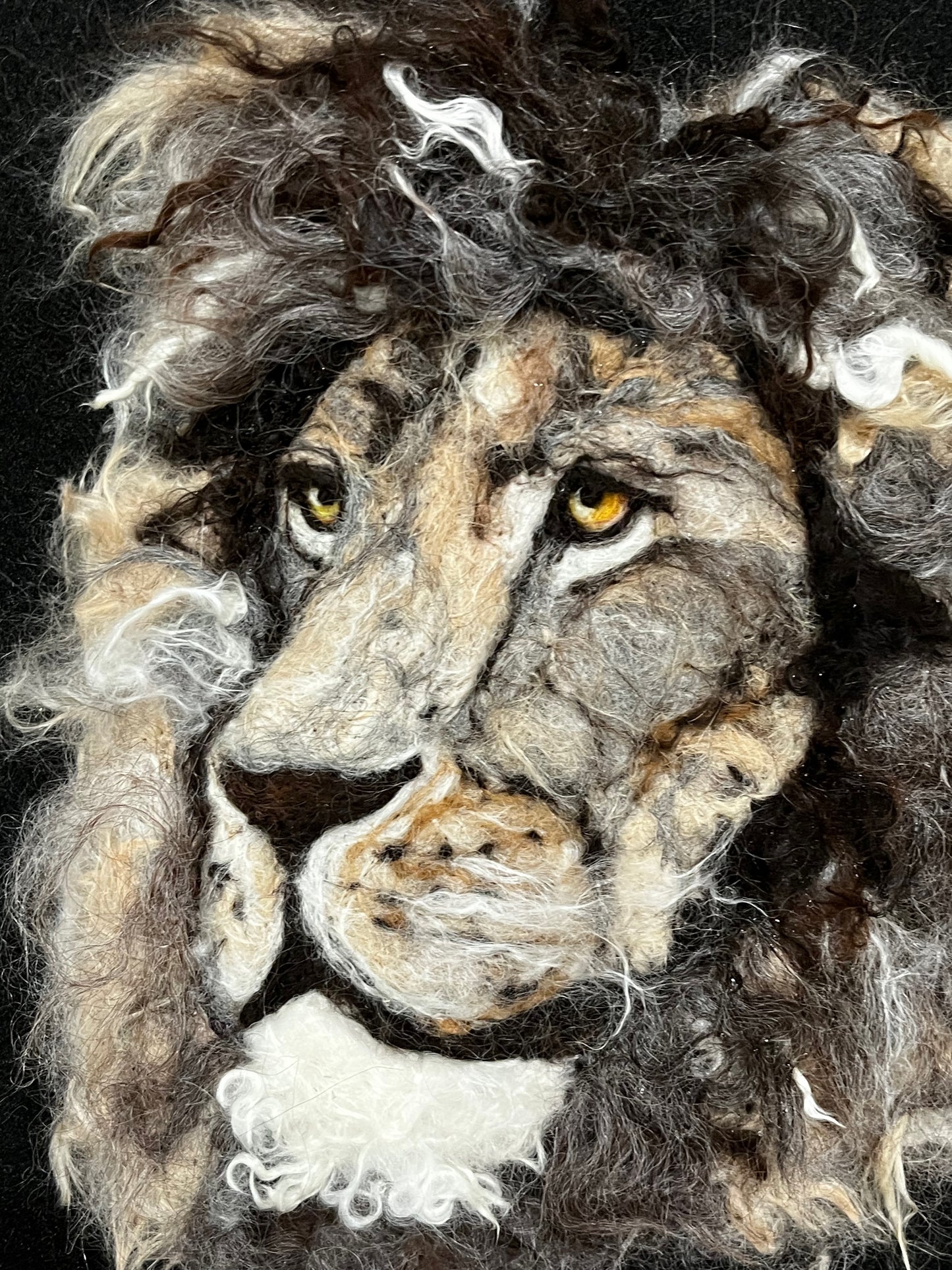 FP95 Felted Lion Portrait w/Matte (19x23) White | Suri Alpaca Fiber Art