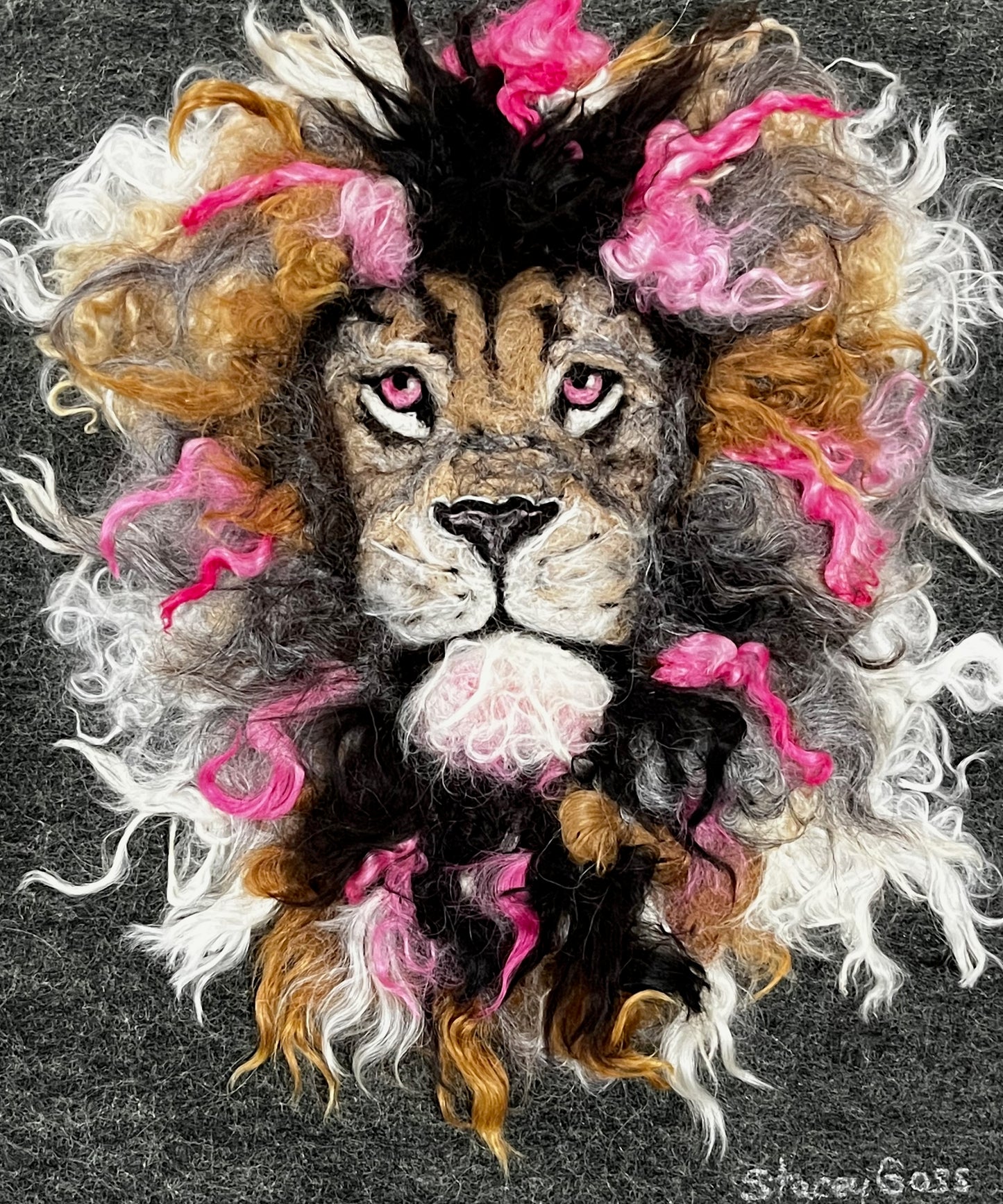 FP96 Felted Lion Portrait (13x16) w/Pink | Suri Alpaca Fiber Art