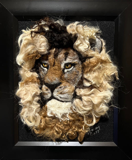 FP110 Felted Lion Portrait (10x12) Multi Side | Suri Alpaca Fiber Art
