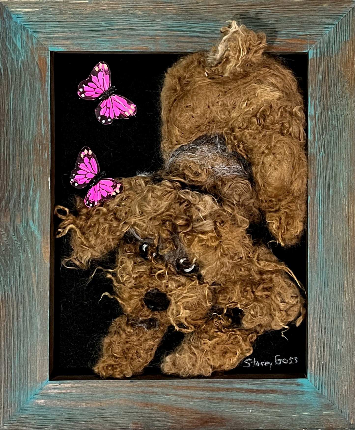 FP301 Felted Dog & Butterflies Portrait (11x13) Fawn | Suri Alpaca Fiber Art