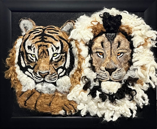 FP Felted Lion-Tiger Portrait (20x16) Fawn/White/Black | Suri Alpaca fiber Art