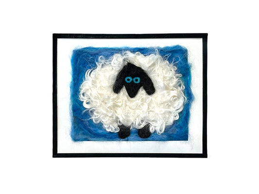 Needle felted 10x8" sheep portrait with Suri Alpaca fiber.