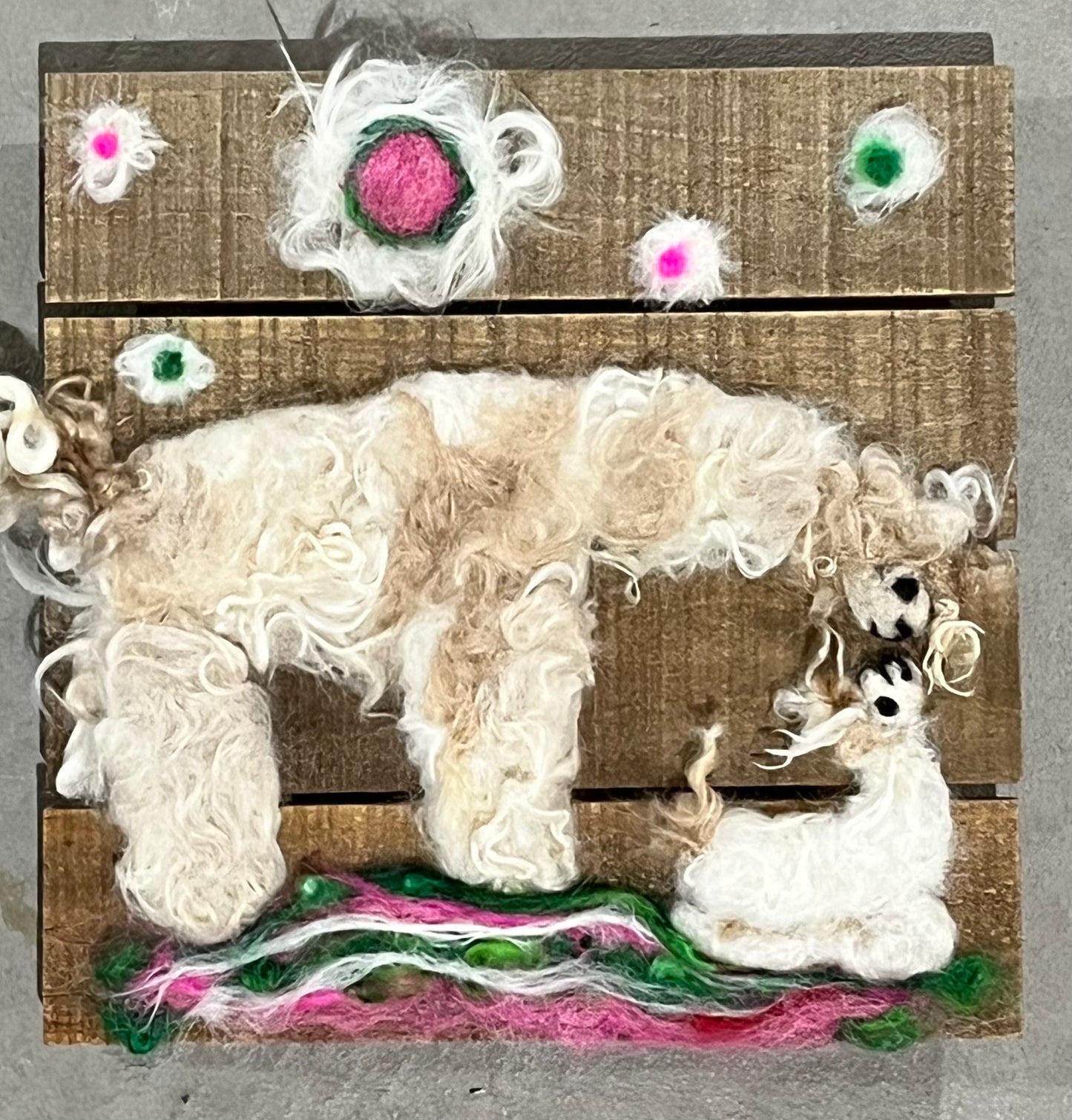 Felted Suri Alpaca Portraits on 8x8 Wood Slat | Suri Alpaca Fiber