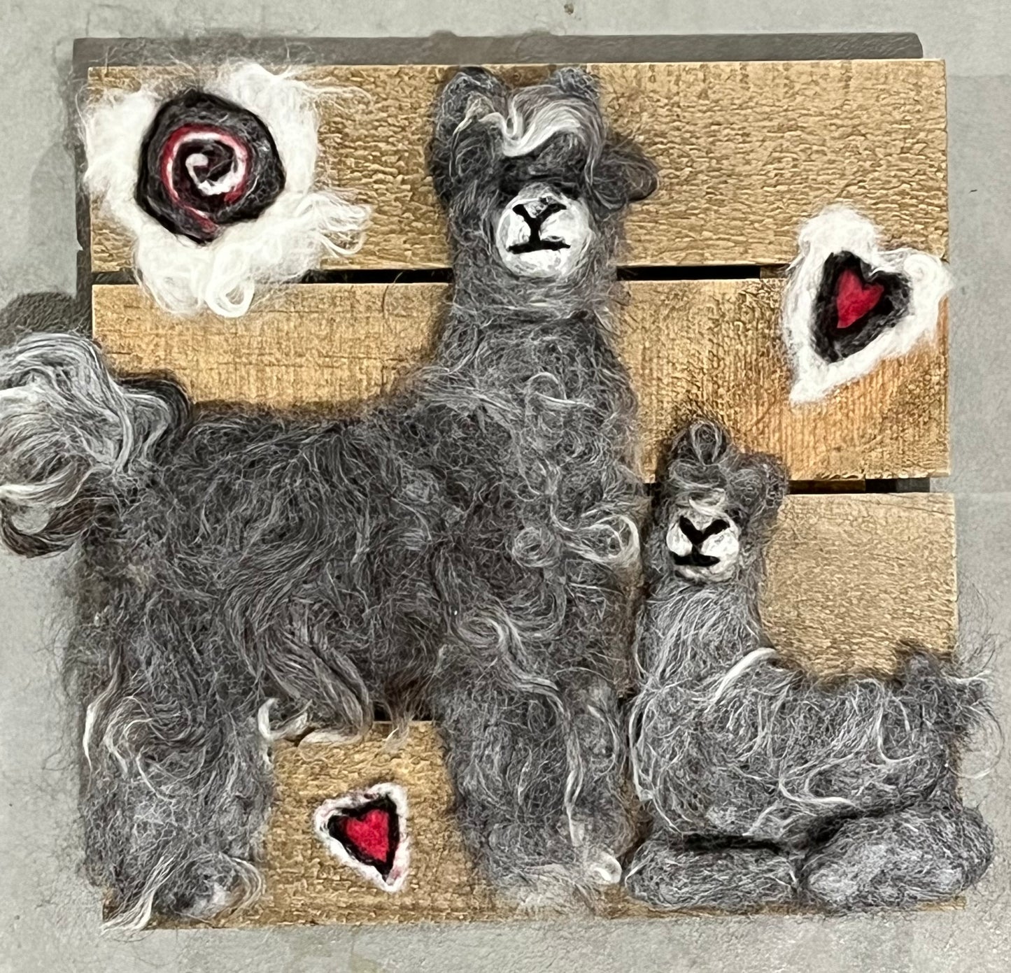 Felted Suri Alpaca Portraits on 8x8 Wood Slat | Suri Alpaca Fiber