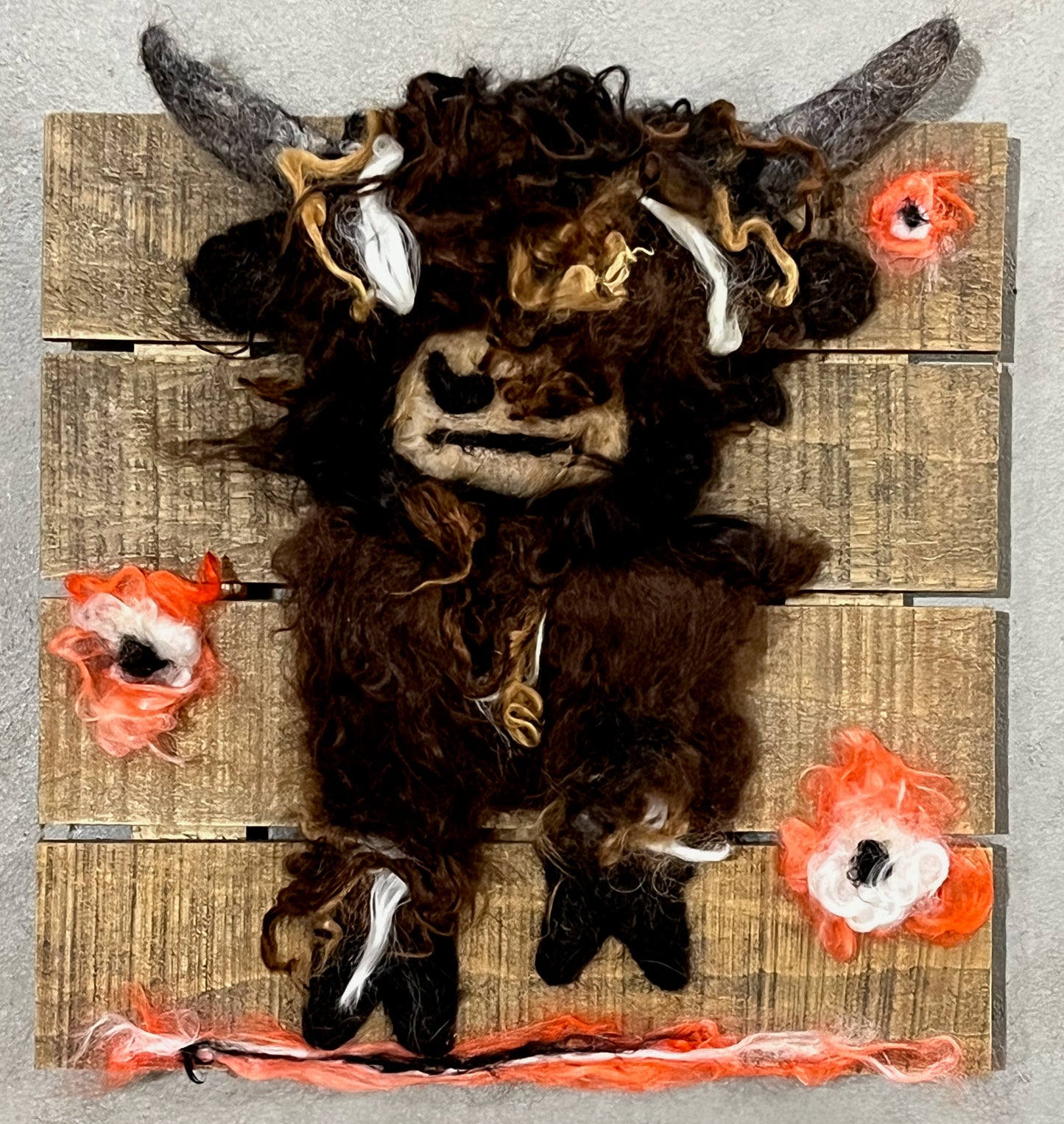 Felted Highland Cow Portraits on 8x8 Wood Slat | Suri Alpaca Fiber