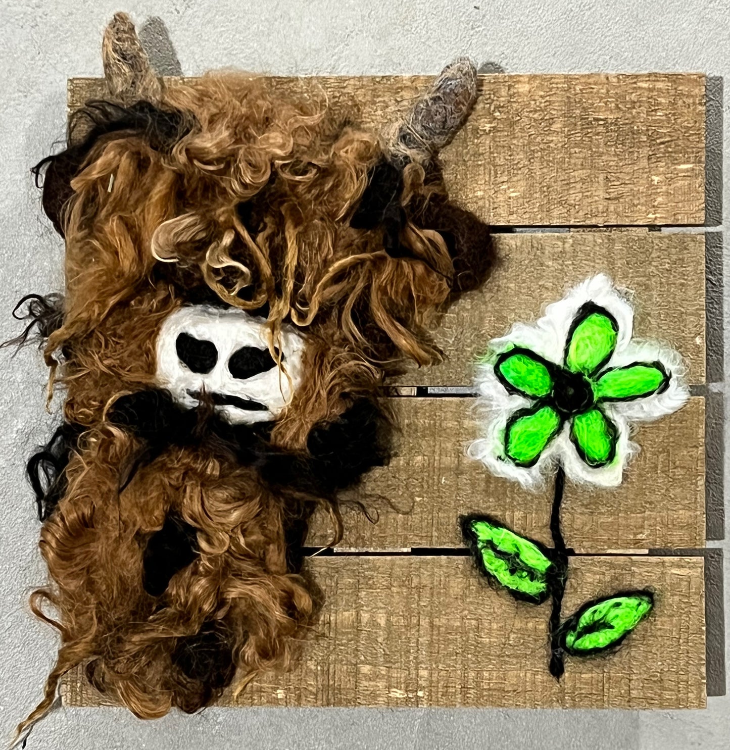 Felted Highland Cow Portraits on 8x8 Wood Slat | Suri Alpaca Fiber