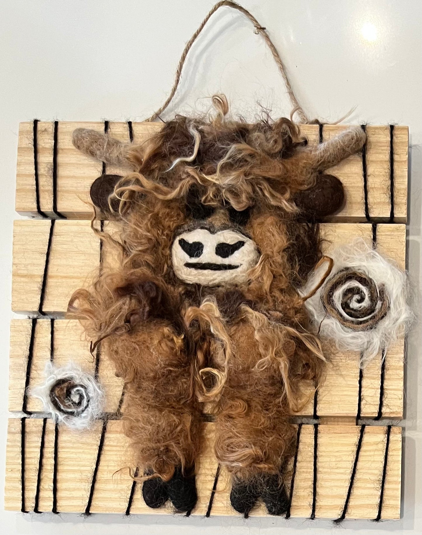 Hanging 10x10 Wood Slat Highland Cow Portraits | Suri Alpaca Fiber