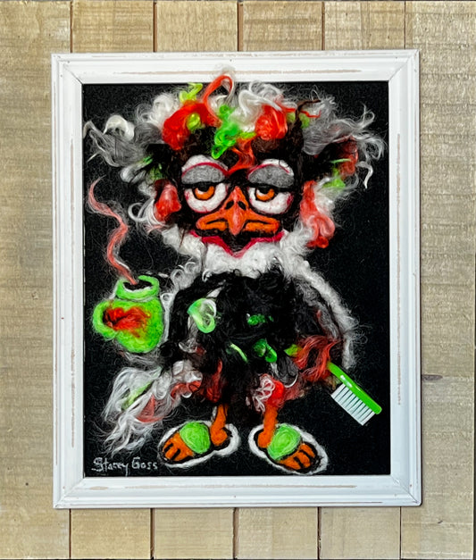 CHR22 Felted Chicken w/Coffee & Toothbrush | Suri Alpaca Fiber Art