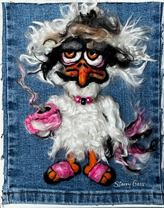 CHR23 Felted Chicken w/Coffee & Necklace PINK | Suri Alpaca Fiber Art