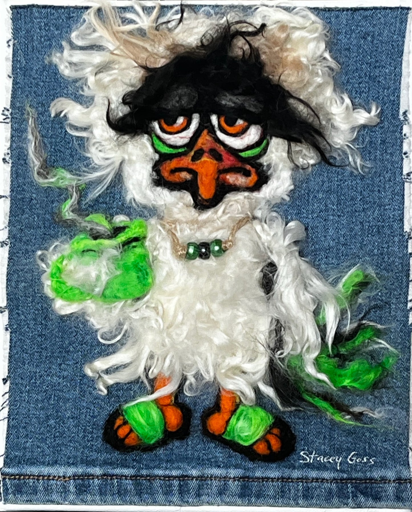 CHR24 Felted Chicken w/Coffee & Necklace GREEN | Suri Alpaca Fiber Art
