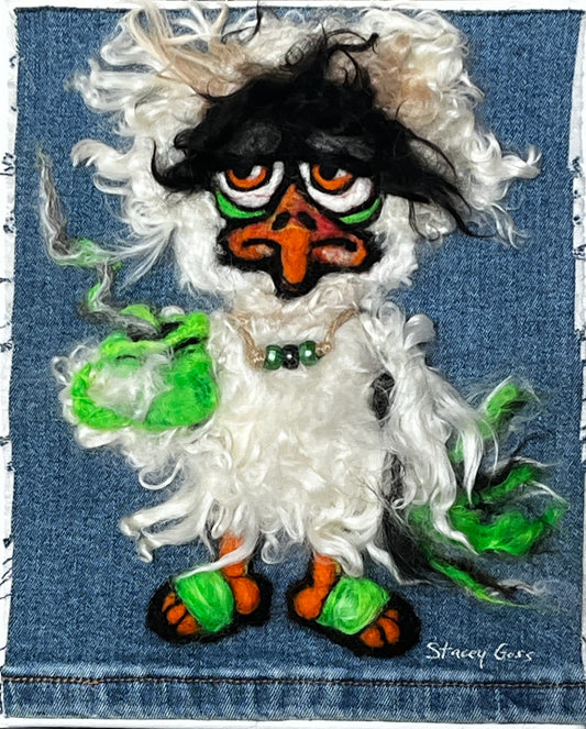 CHR24 Felted Chicken w/Coffee & Necklace GREEN | Suri Alpaca Fiber Art