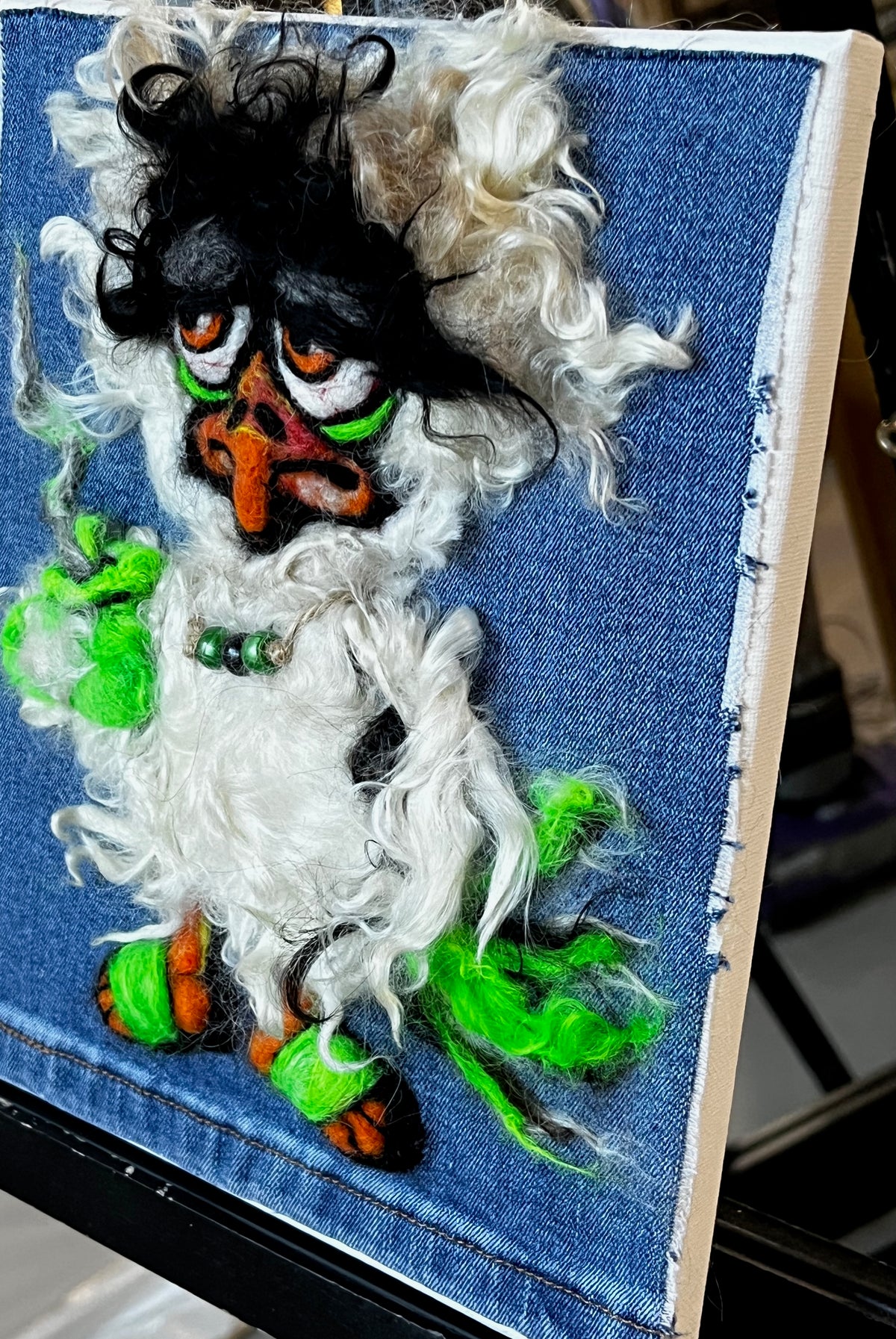 CHR24 Felted Chicken w/Coffee & Necklace GREEN | Suri Alpaca Fiber Art