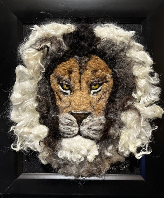 FP111 Felted Lion Portrait (10x12) Dark Grey | Suri Alpaca Fiber Art