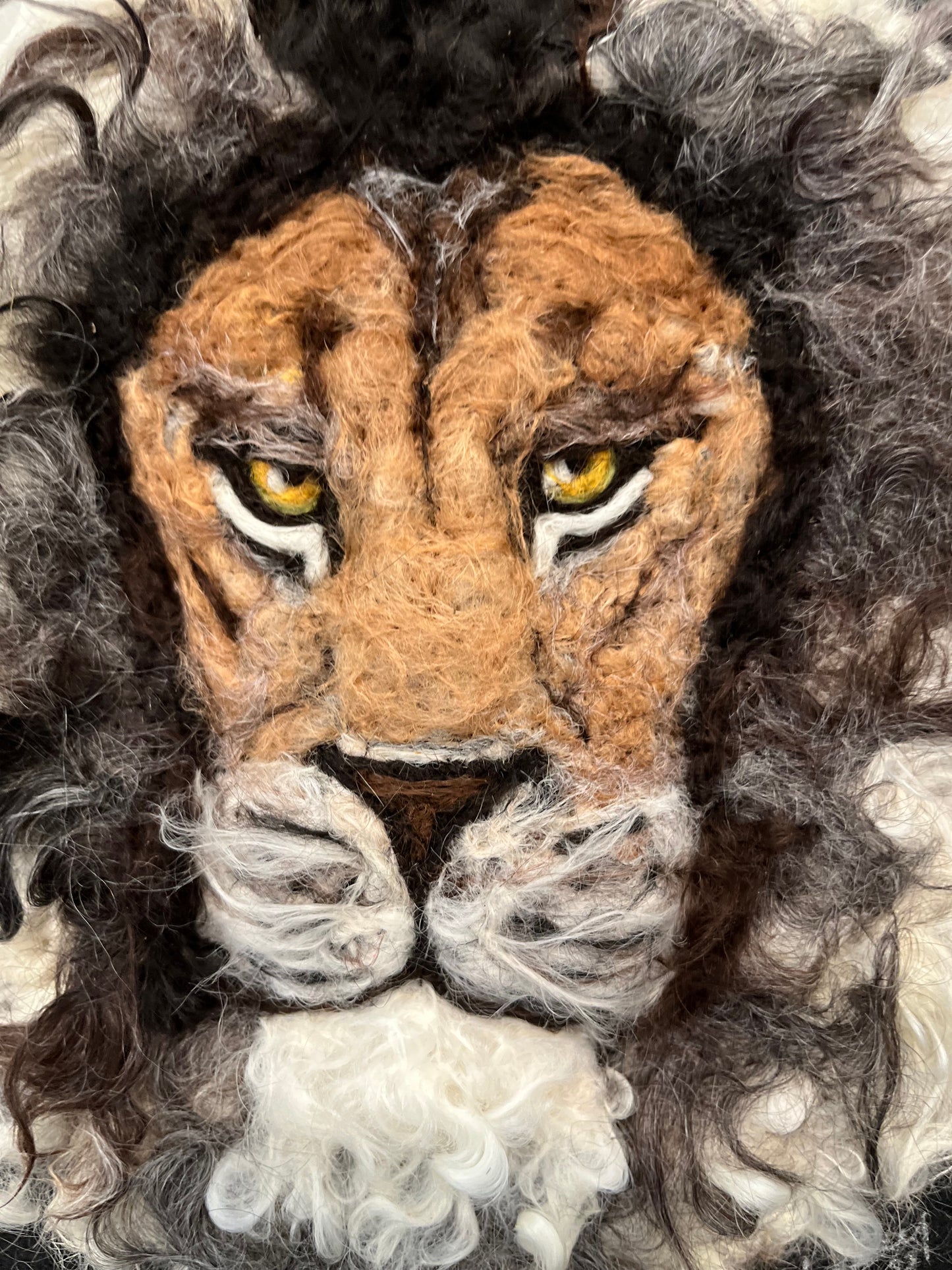 FP111 Felted Lion Portrait (10x12) Dark Grey | Suri Alpaca Fiber Art