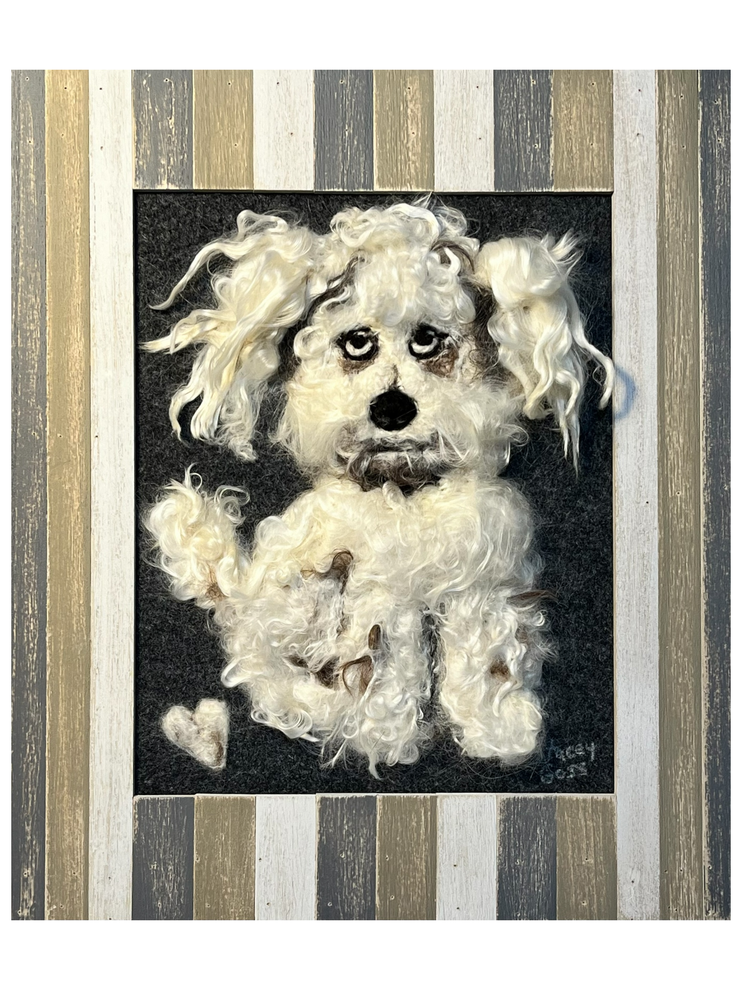 FP122 Felted Dog w/heart Portrait (11x13) White | Suri Alpaca Fiber Art