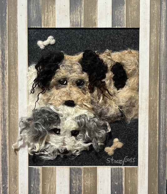 FP123 Felted Dogs Cuddling (11x13) White | Suri Alpaca Fiber Art