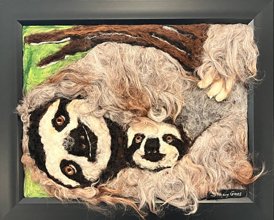 FP153 Felted Sloth w/Baby & Tree (16x13) | Suri Alpaca Fiber Art